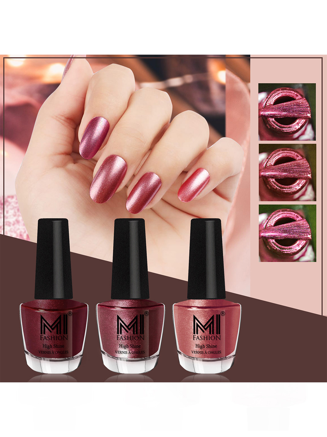 MI FASHION Set of 3 High Shine Long-Lasting Nail Lacquer12 ml Each - Shimmer Coffee 09 - Metallic Maroon 10 - Hot Lava 61