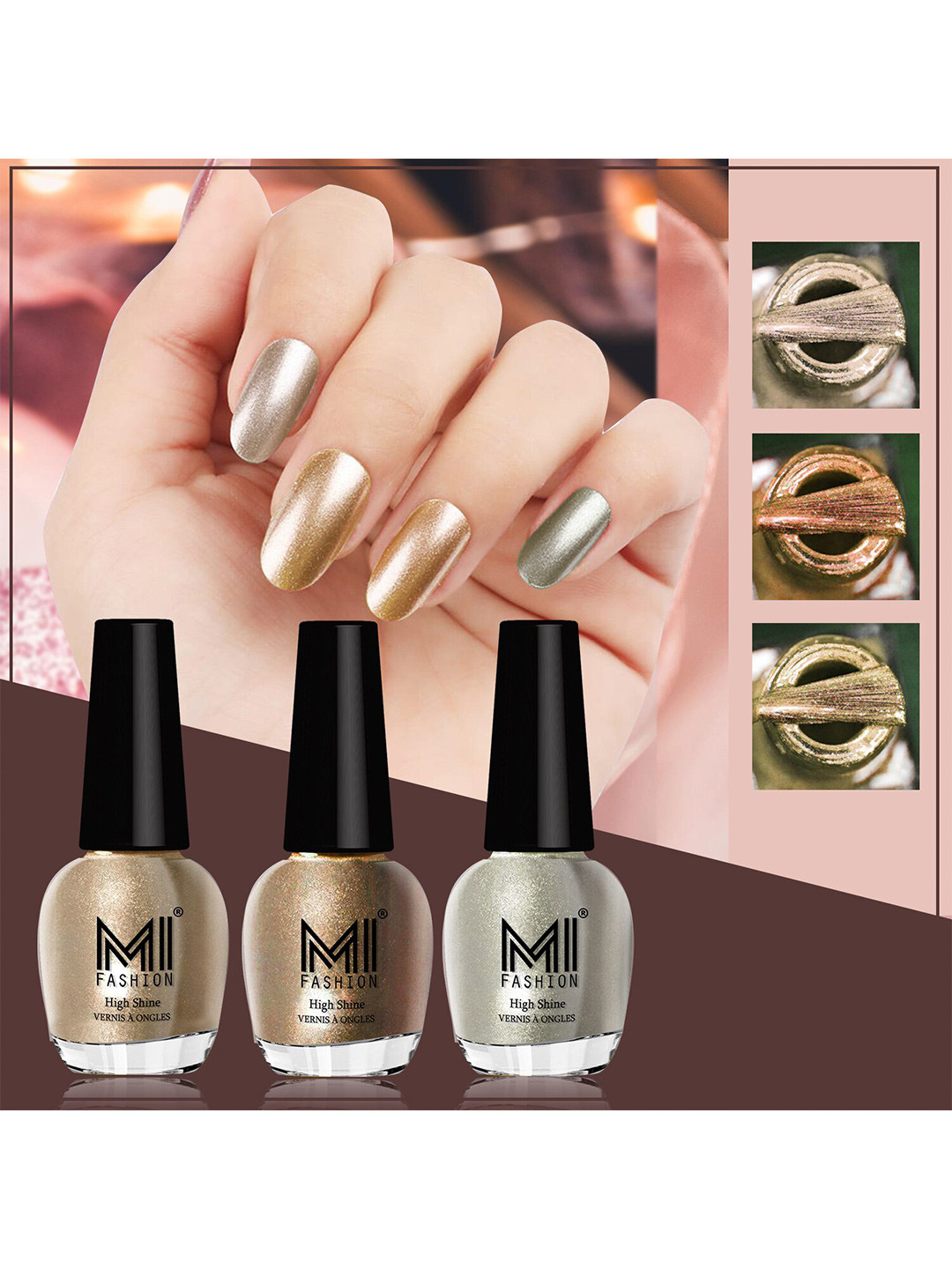 MI FASHION Set of 3 High Shine Long-Lasting Nail Lacquer12 ml Each - Light Golden 13 - Golden 43 - Metallic Green 67