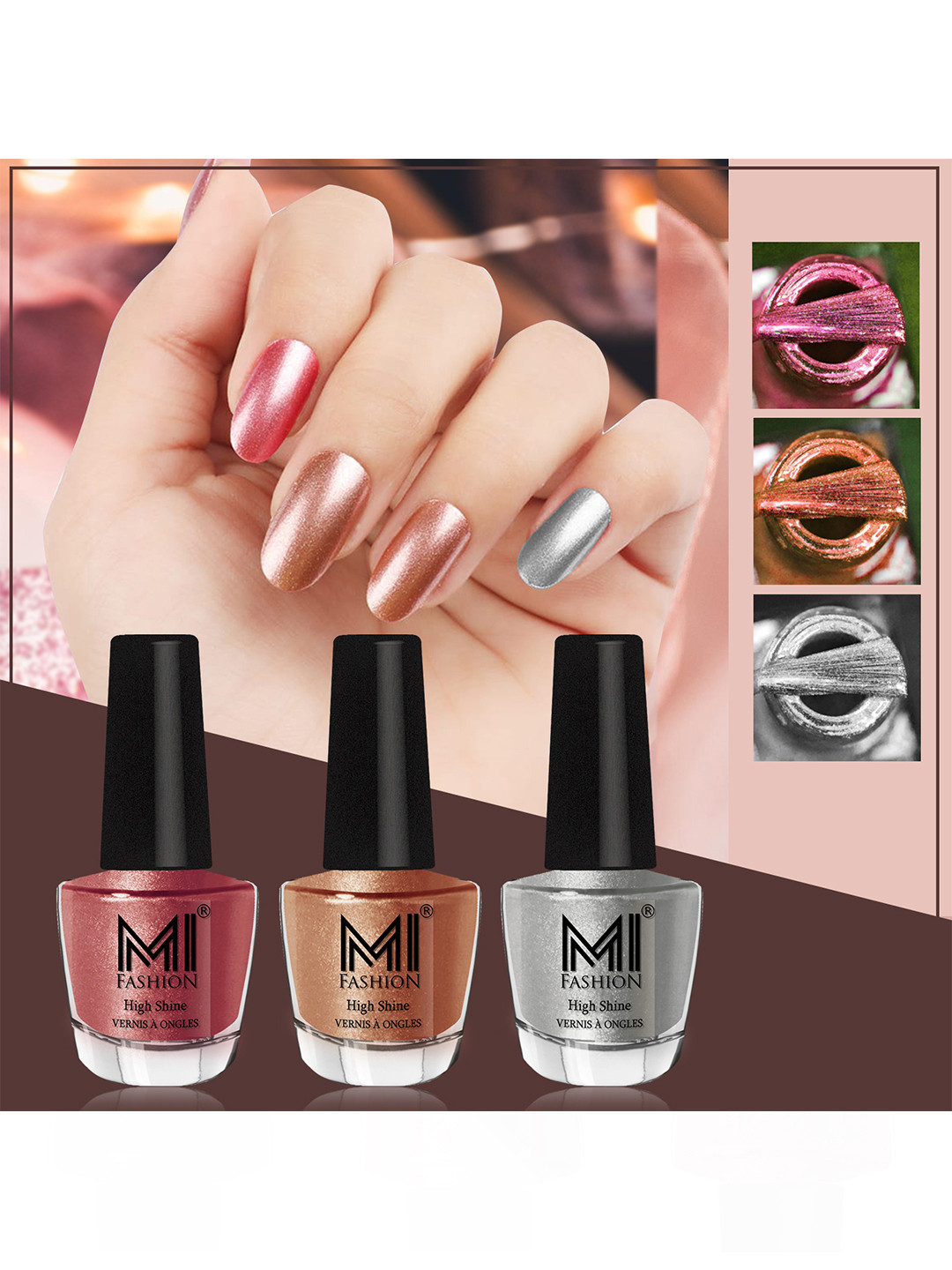 MI FASHION Set of 3 High Shine Long-Lasting Nail Lacquer12 ml Each - Hot Lava 61 - Bronze Magnetic 62 - Metallic Silver 46