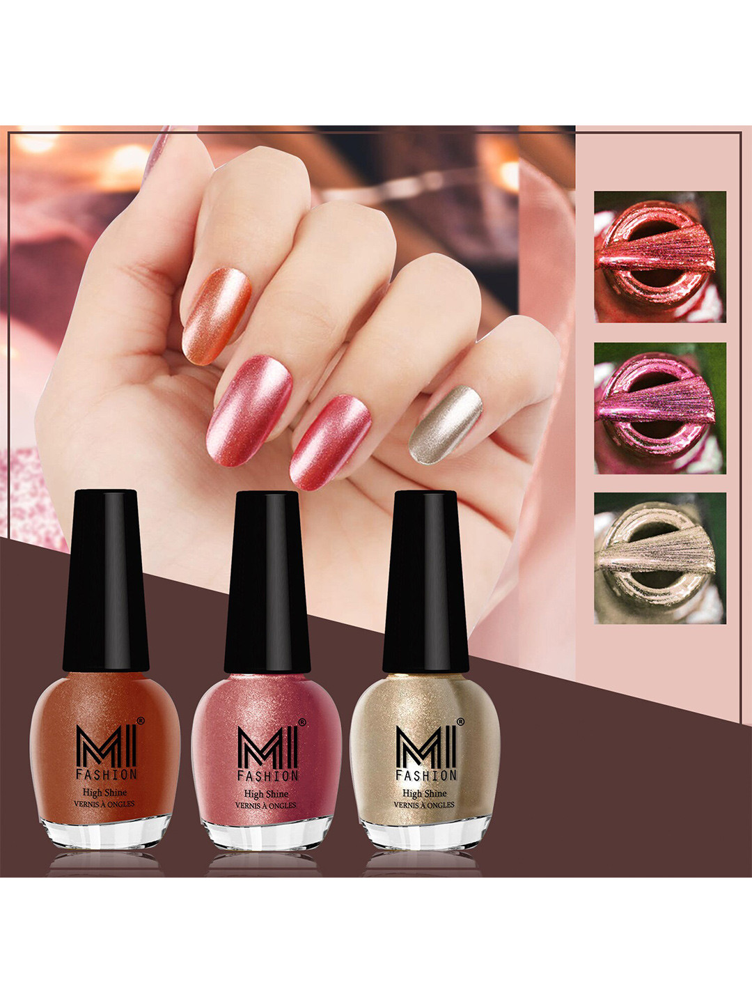 MI FASHION Set of 3 High Shine Long-Lasting Nail Lacquer12 ml Each - Red Gold 60 - Hot Lava 61 - Light Golden 13
