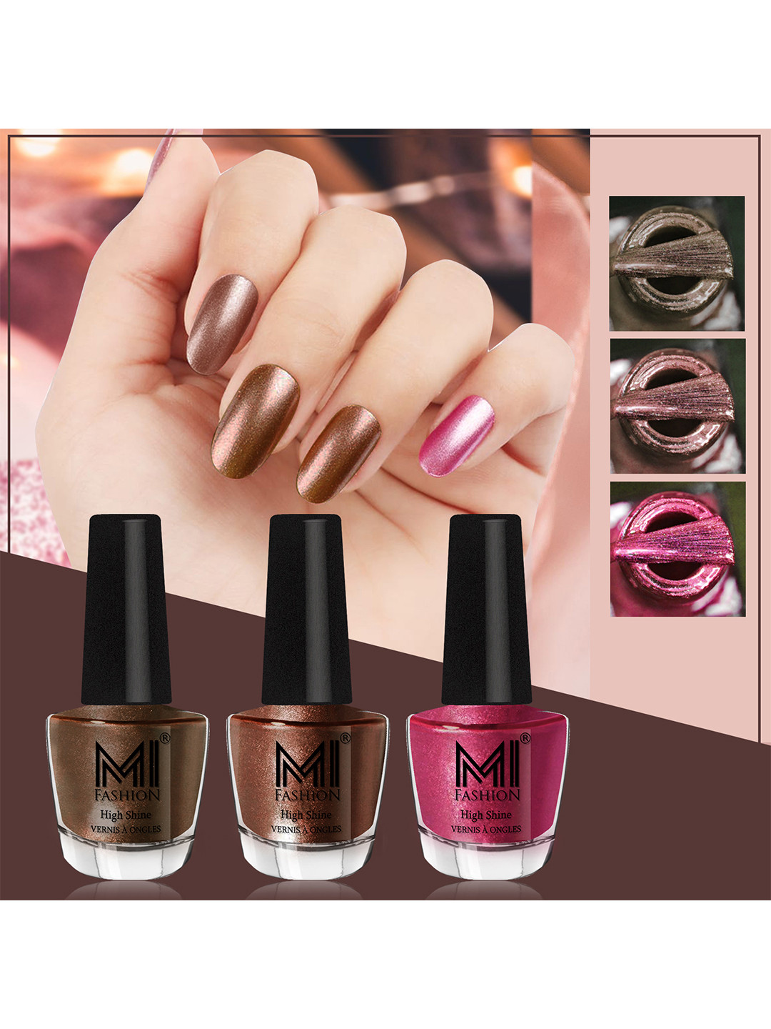 MI FASHION Set of 3 High Shine Long-Lasting Nail Lacquer12 ml Each - Metallic Coffee 04 - Brown Coffee 05 - Metallic Red 06