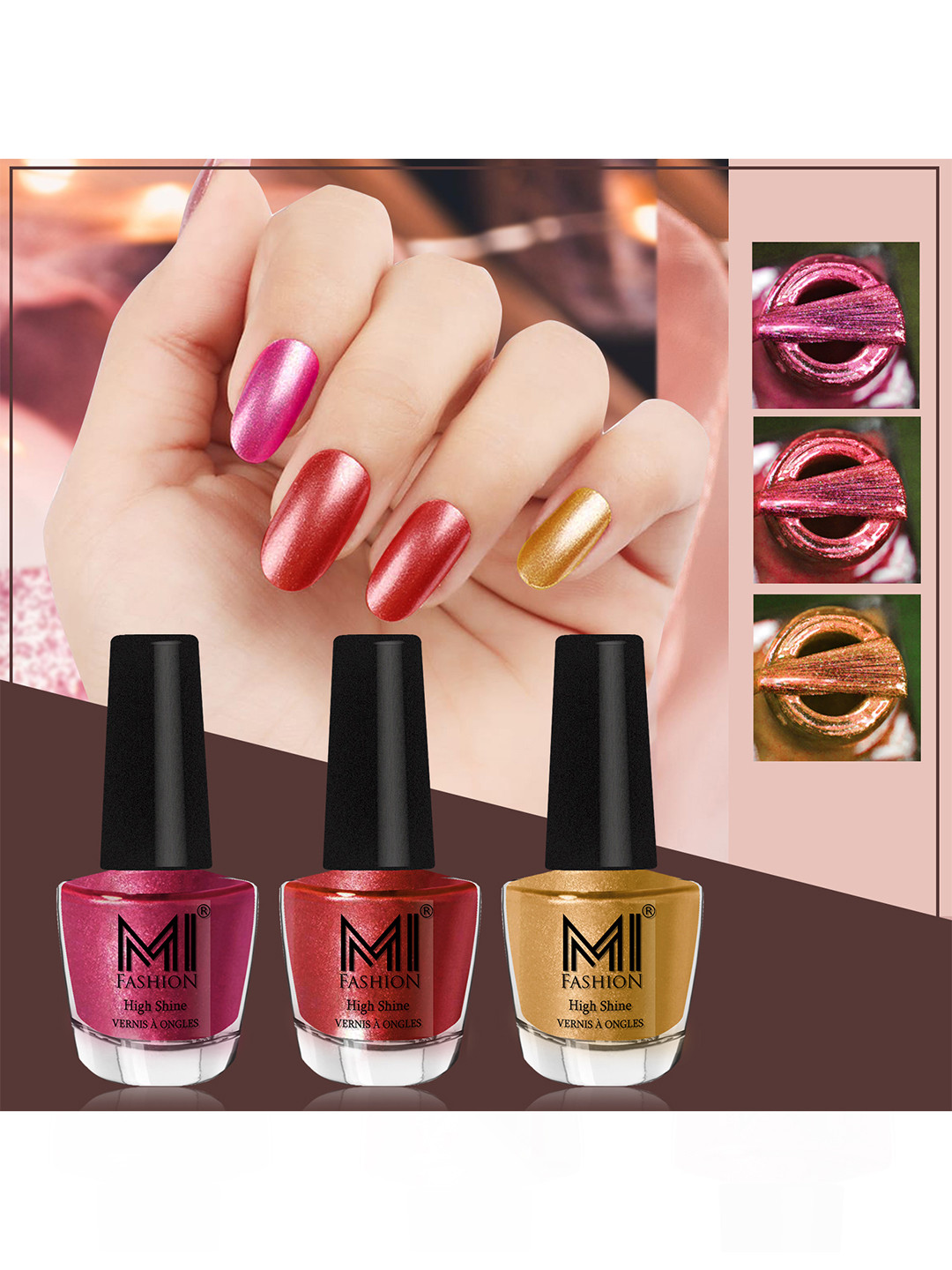 MI FASHION Set of 3 High Shine Long-Lasting Nail Lacquer12 ml Each - Metallic Red 06 - Reddish Bronze 07 - Gold Chrome 59