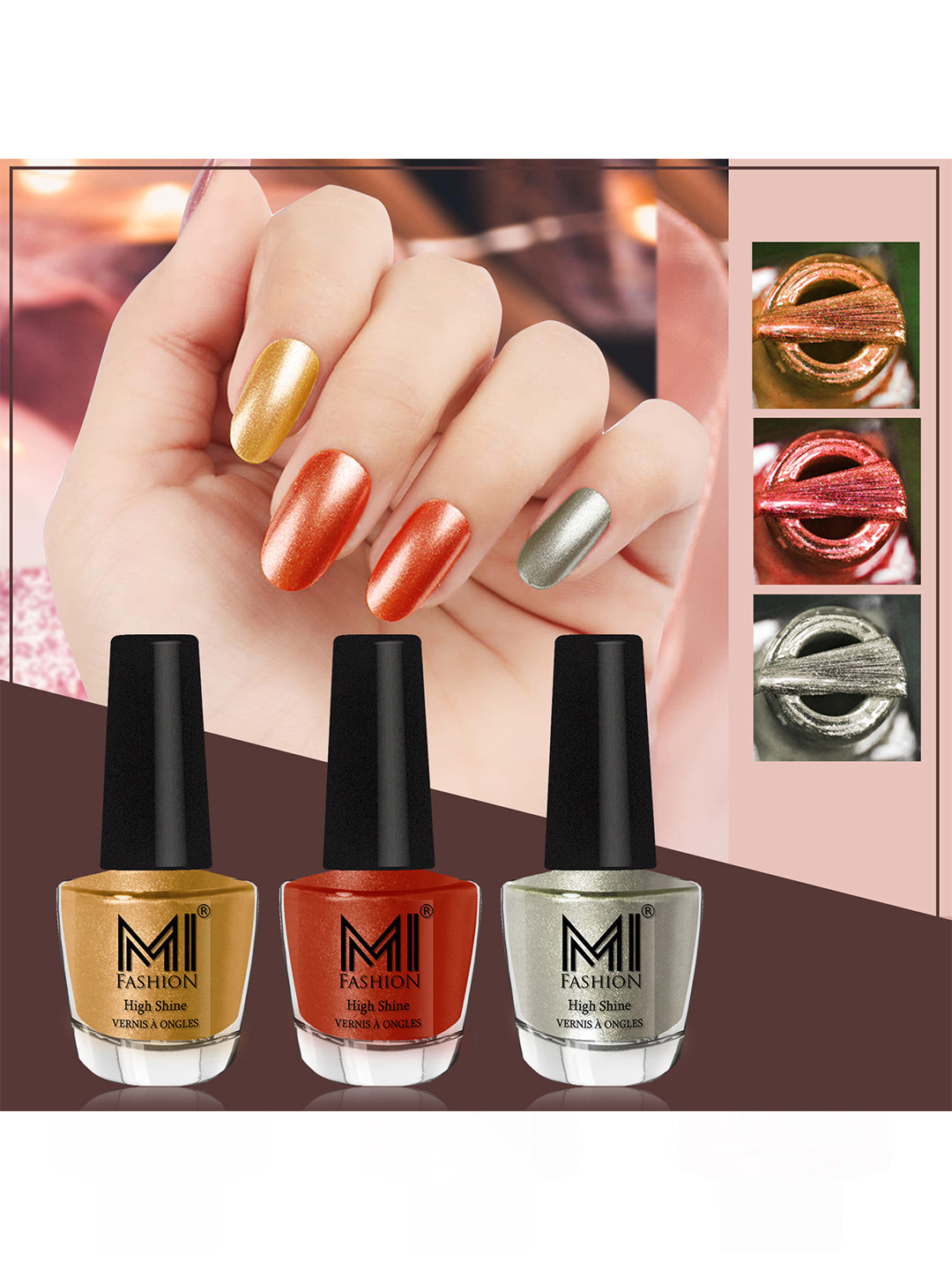 MI FASHION Set of 3 High Shine Long-Lasting Nail Lacquer12 ml Each - Gold Chrome 59 - Red Gold 60 - Metallic Green 67
