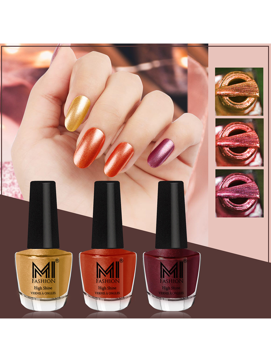 MI FASHION Set of 3 High Shine Long-Lasting Nail Lacquer 12 ml Each - Gold Chrome 59 - Red Gold 60 - Shimmer Coffee 09