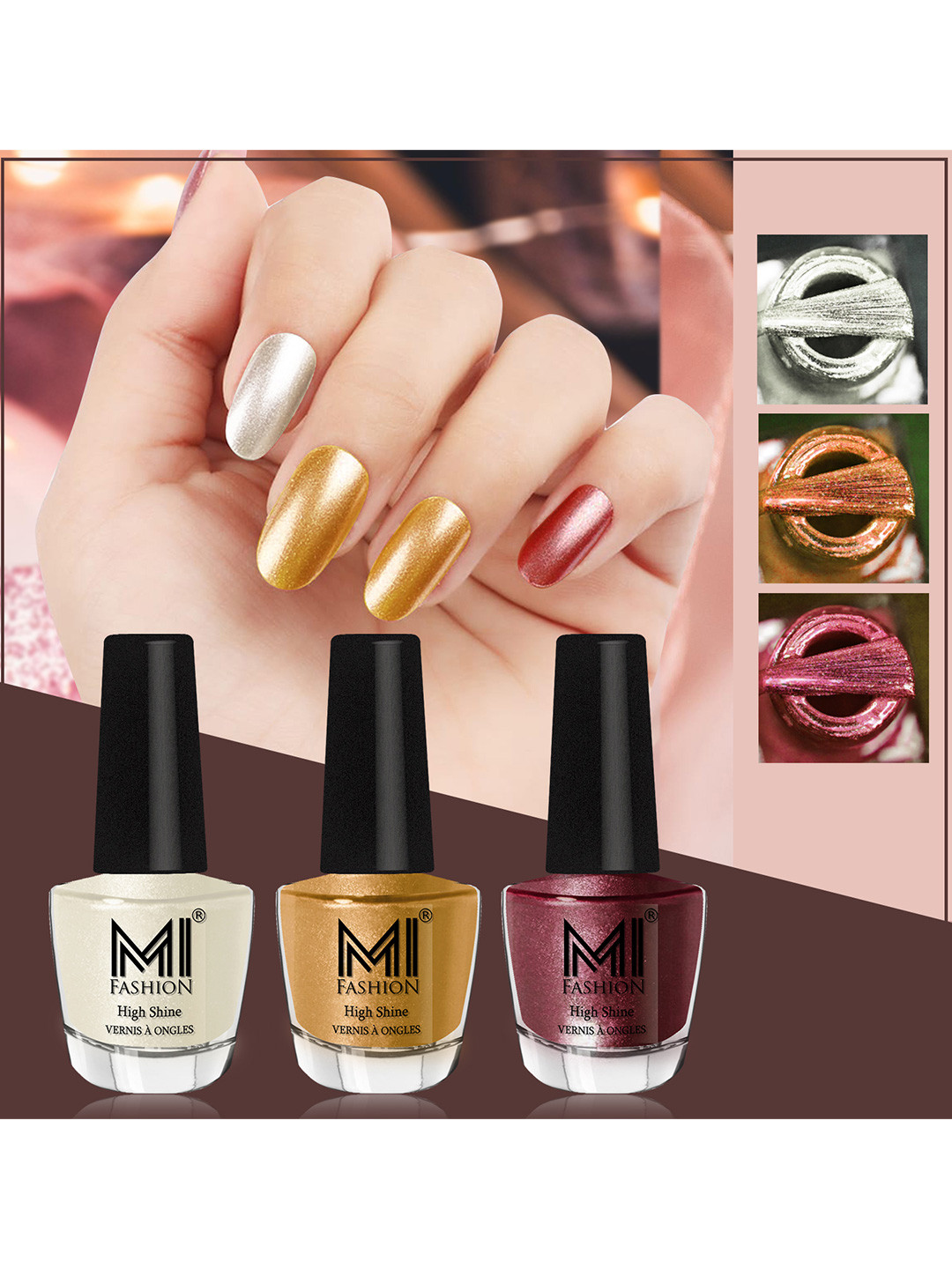 MI FASHION Set of 3 High Shine Long-Lasting Nail Lacquer 12 ml Each - Pearly White Chrome 58 - Gold Chrome 59 - Metallic Maroon 10