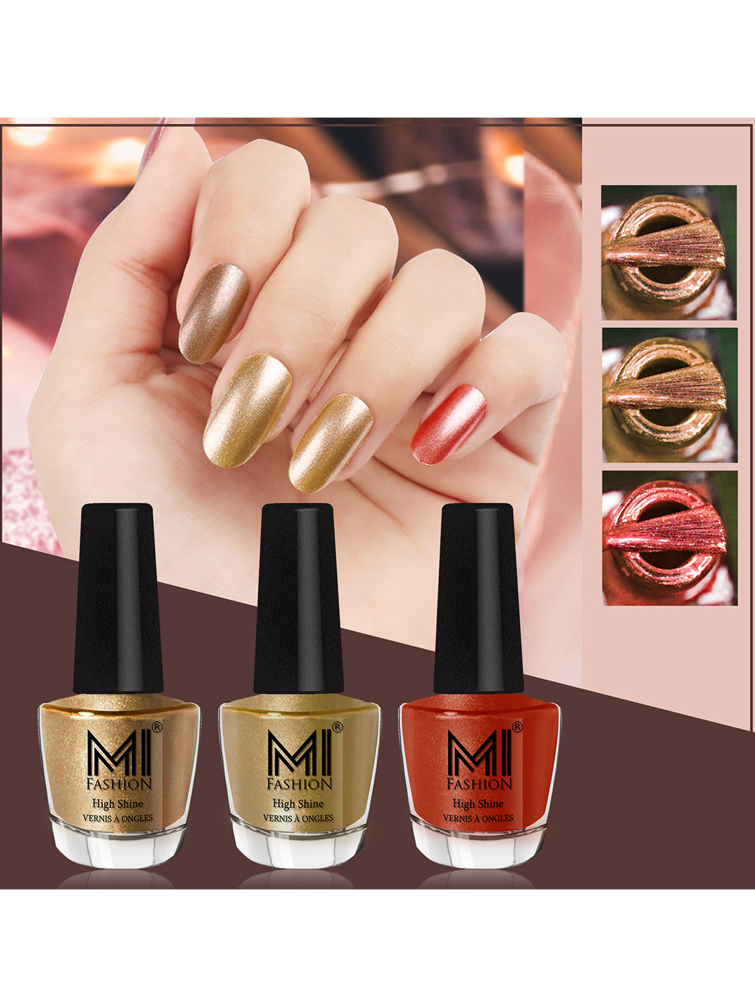 MI FASHION Set of 3 High Shine Long-Lasting Nail Lacquer 12 ml Each - Golden 43 - Metallic Golden 45 - Red Gold 60