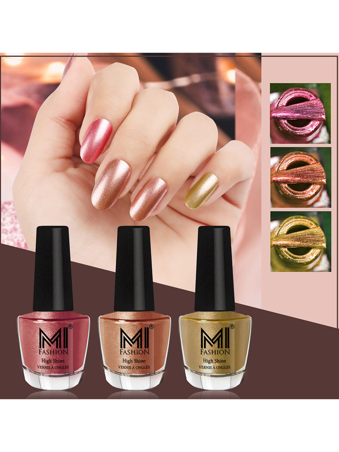 MI FASHION Set of 3 High Shine Long-Lasting Nail Lacquer 12 ml Each - Hot Lava 61 - Bronze Magnetic 62 - Metallic Golden 45