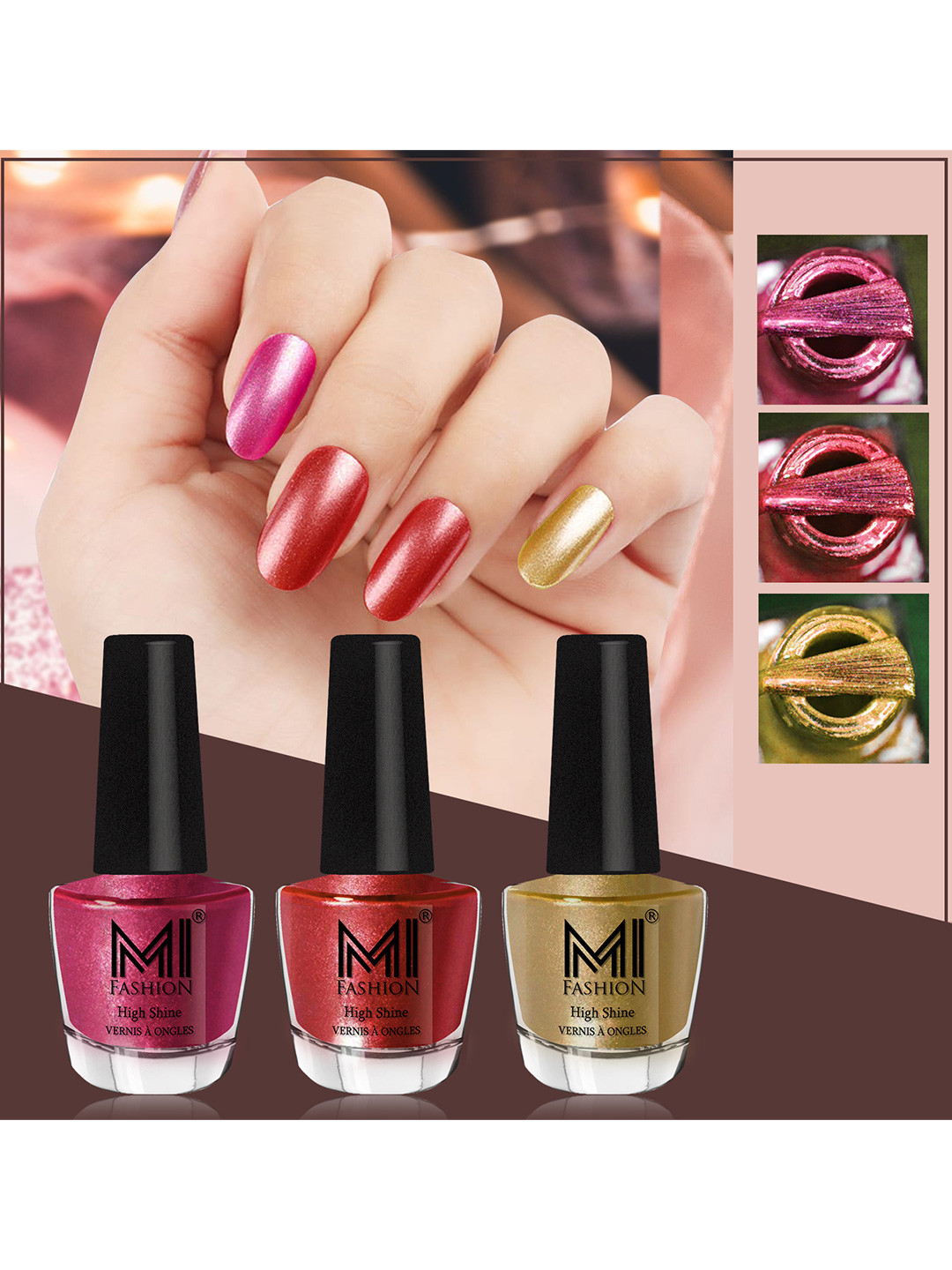 MI FASHION Set of 3 High Shine Long-Lasting Nail Lacquer 12 ml Each -Metallic Red 06 - Reddish Bronze 07 - Metallic Golden 45
