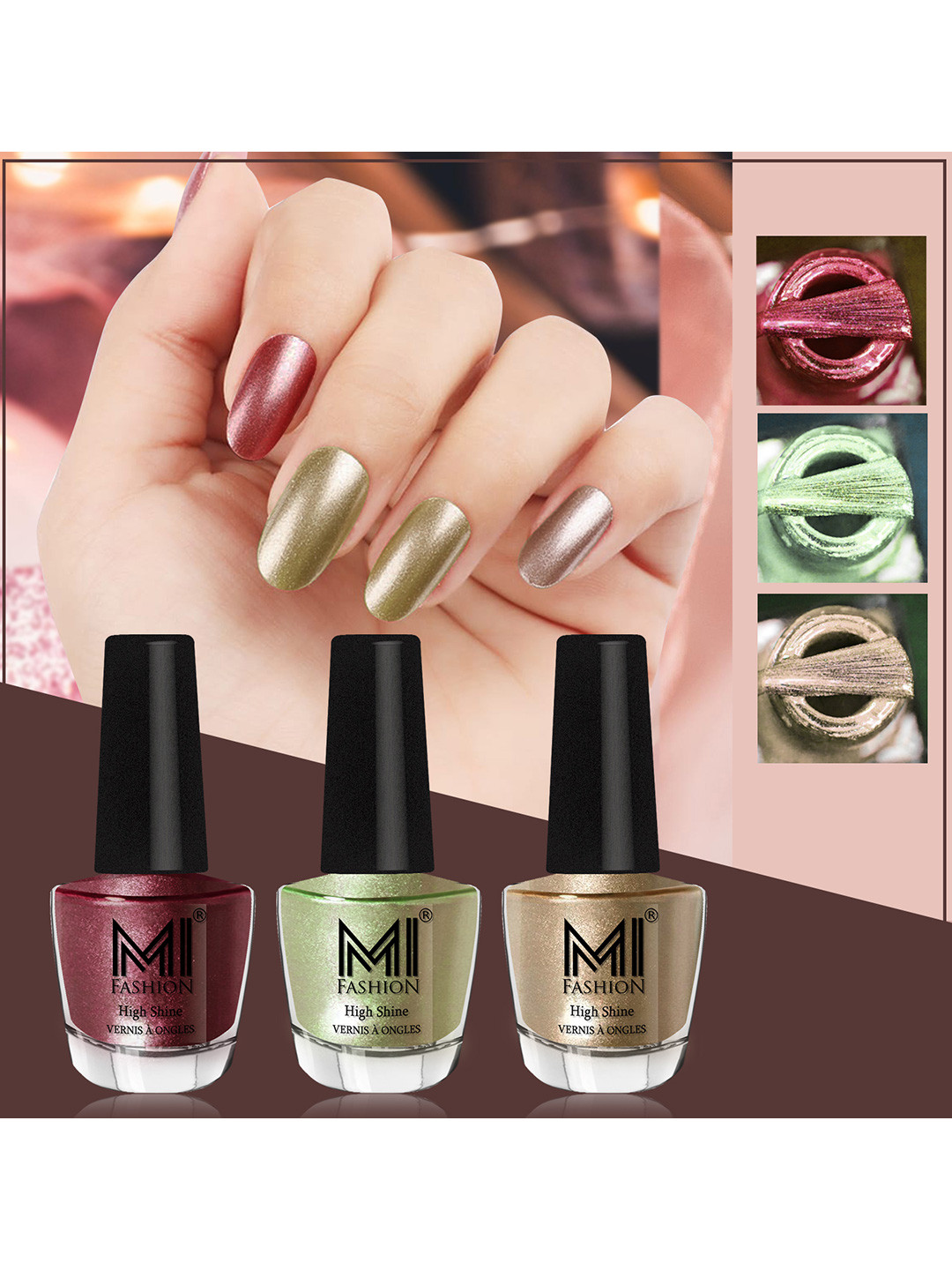 MI FASHION Set of 3 High Shine Long-Lasting Nail Lacquer 12 ml Each -Metallic Maroon 10 - Metallic Olive Green 11 - Light Golden 13