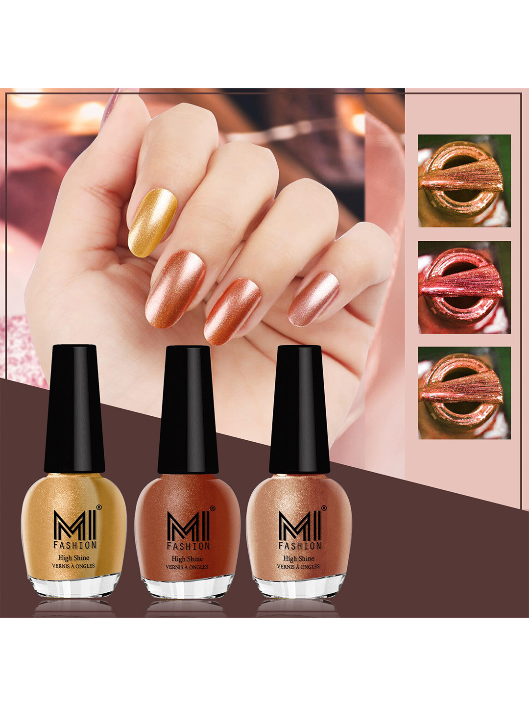 MI FASHION Set of 3 High Shine Long-Lasting Nail Lacquer 12 ml Each -Gold Chrome 59 - Red Gold 60 - Bronze Magnetic 62