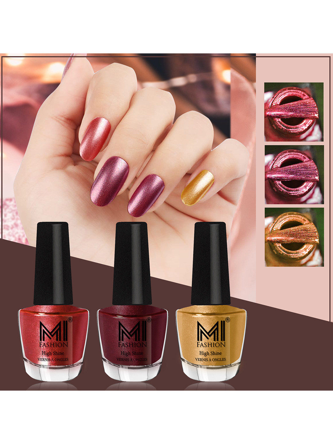 MI FASHION Set of 3 High Shine Long-Lasting Nail Lacquer 12 ml Each -Reddish Bronze 07 - Shimmer Coffee 09 - Gold Chrome 59