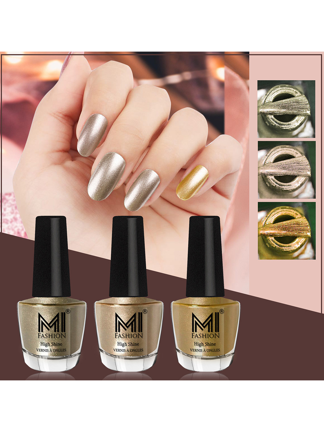 MI FASHION Set of 3 High Shine Long-Lasting Nail Lacquer 12 ml Each -Ginger Rust 12 - Light Golden 13 - Metallic Golden 45