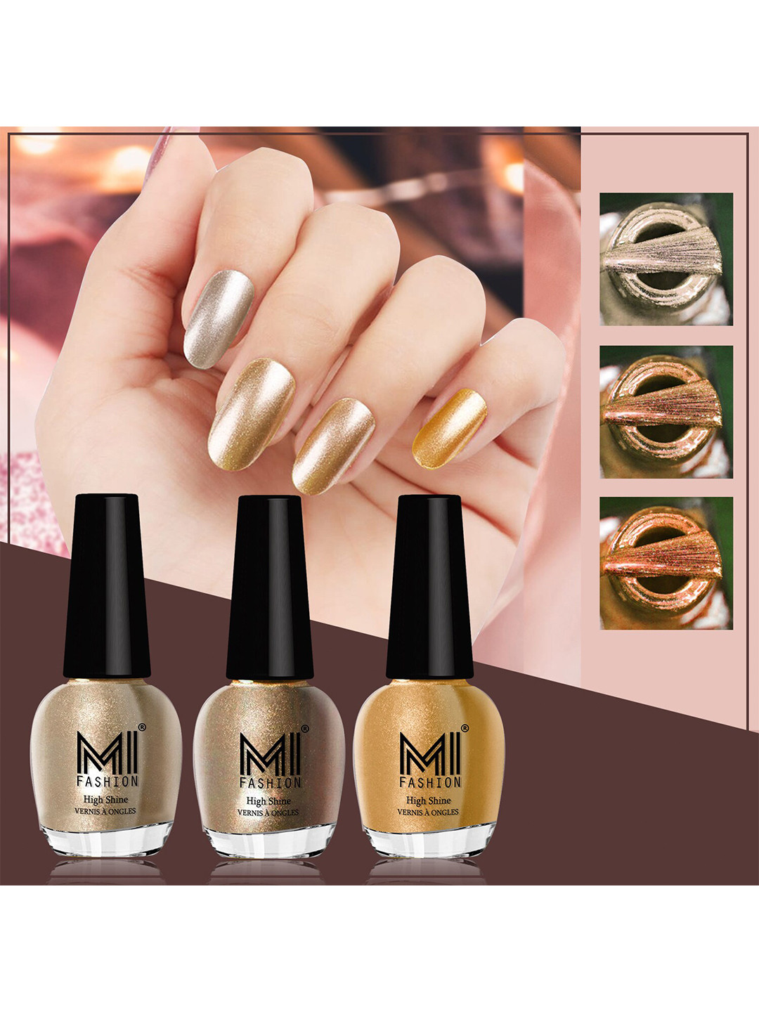 MI FASHION Set of 3 High Shine Long-Lasting Nail Lacquer 12 ml Each -Light Golden 13 - Golden 43 - Gold Chrome 59