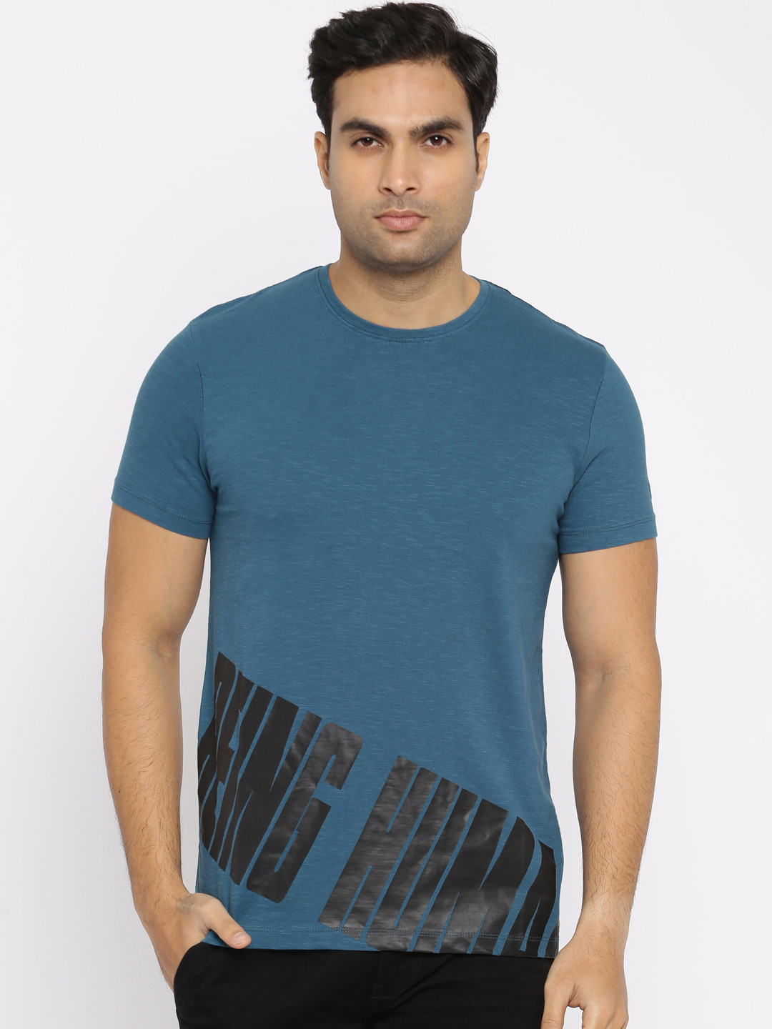 Clothing Men Teal Blue Solid Round Neck 