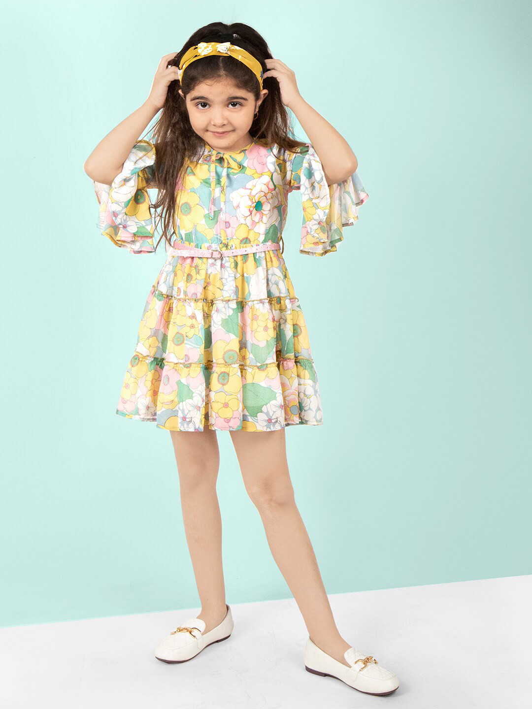 Naughty Ninos Girls Floral Printed Tie-Up Neck Dress