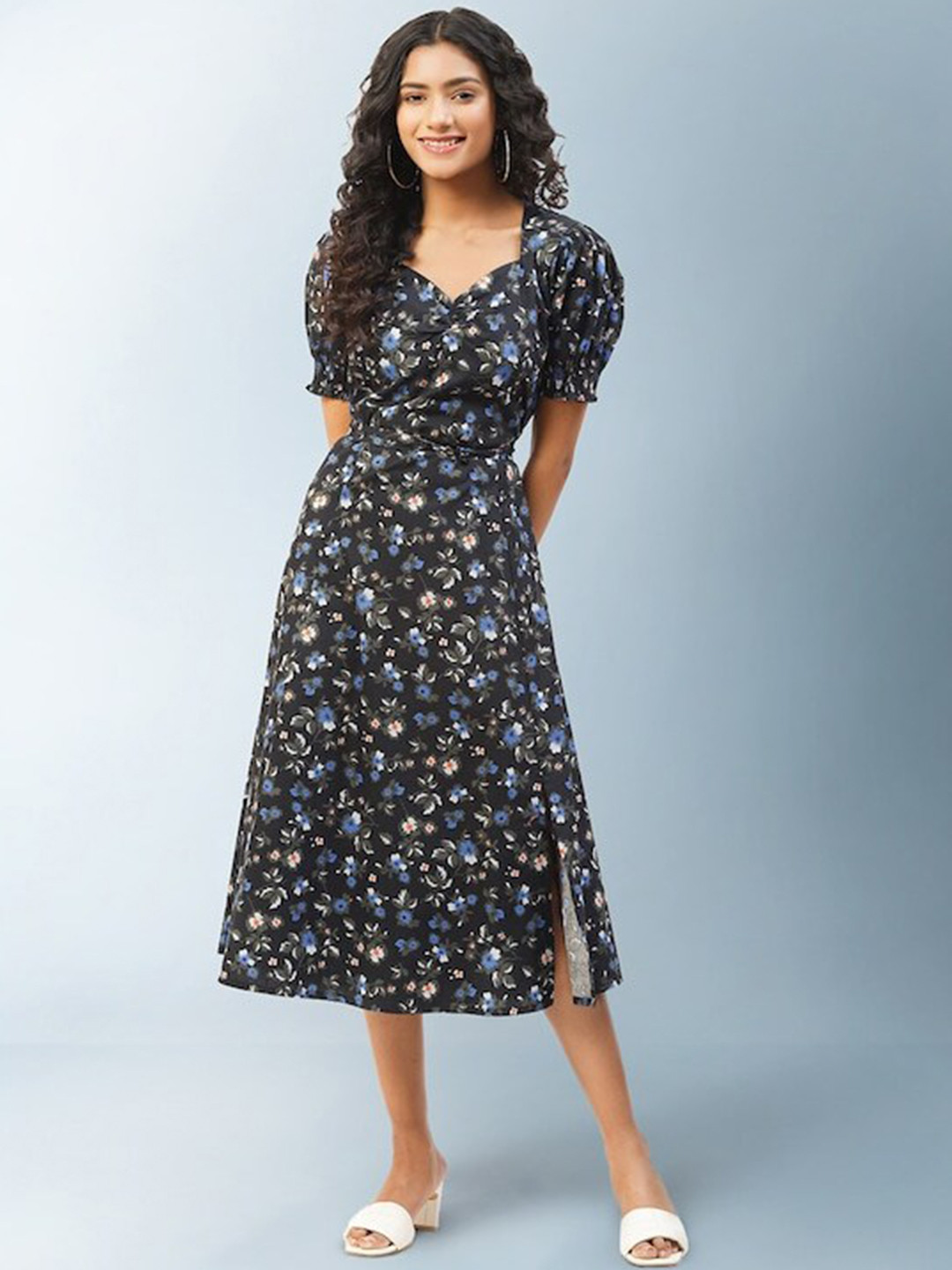 LILL Floral Printed A-Line Midi Dress