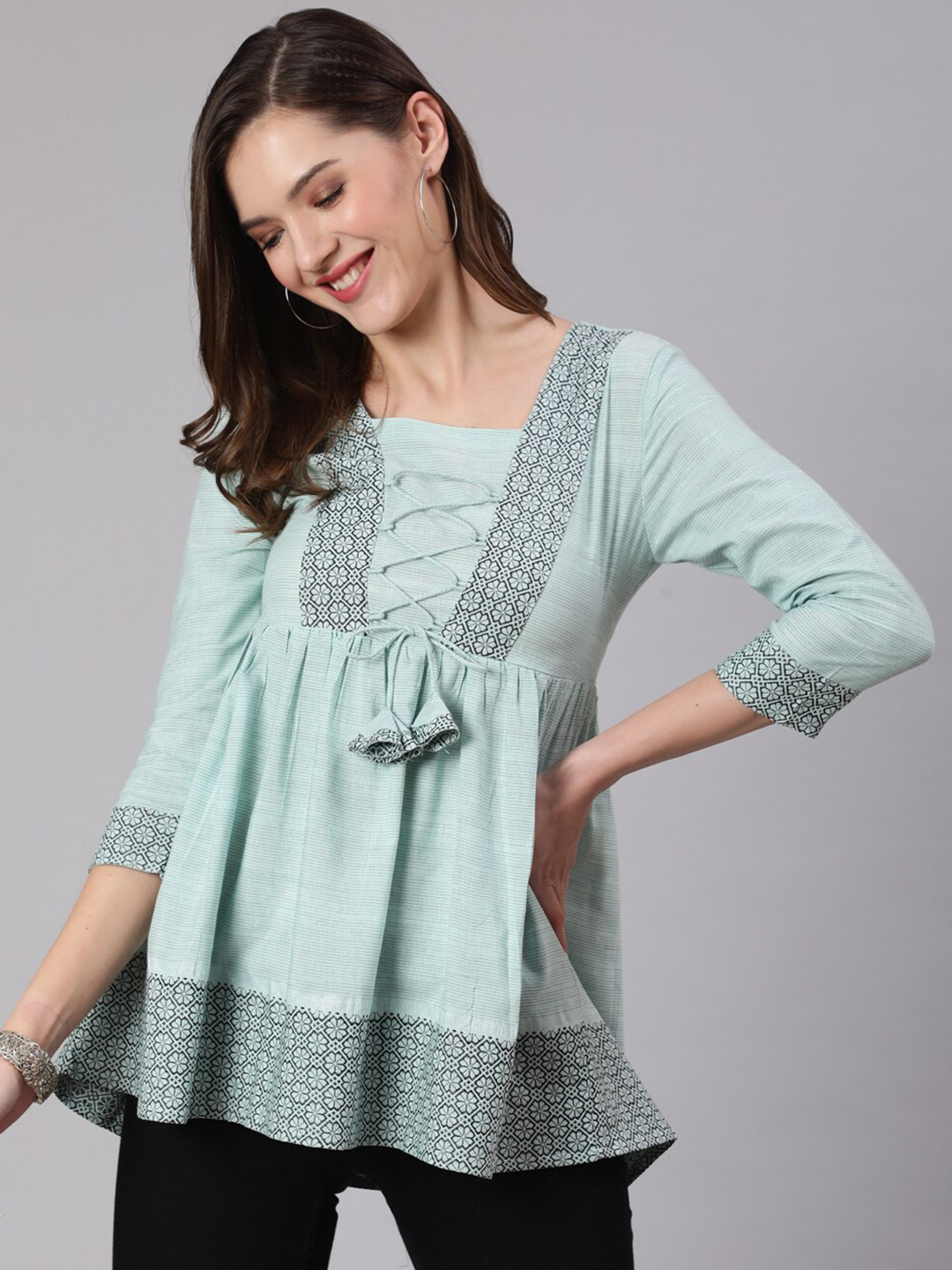 AKIMIA Striped Peplum Pure Cotton Top