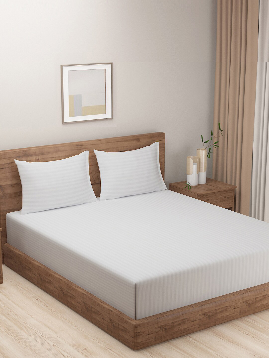 SWAYAM Essentials White Striped Polyester 180 TC Queen Fine Bedsheet with 2 Pillow Covers-100 x 90 inches