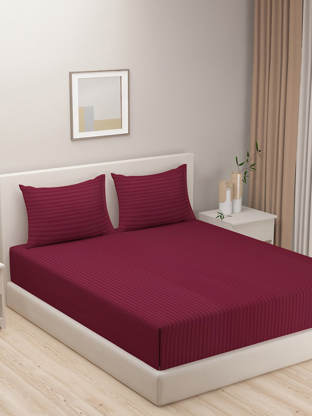 SWAYAM Burgundy Striped Polyester 210 TC Queen Fine Bedsheet with 2 Pillow Covers-100 x 90 inches