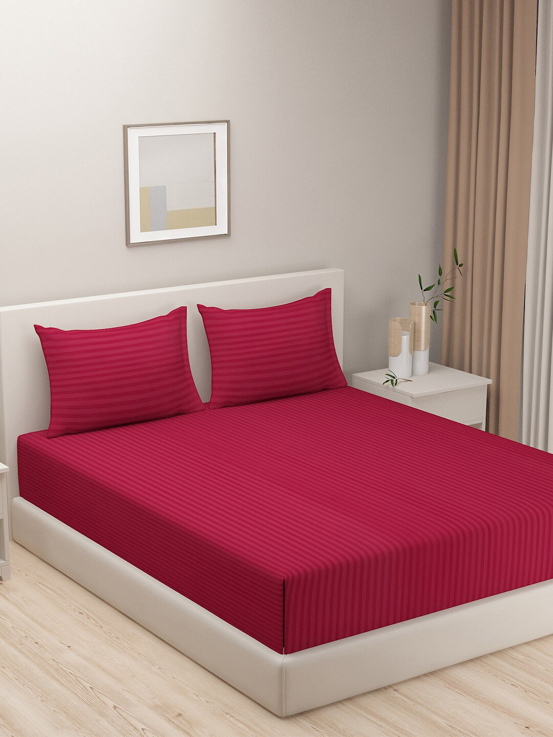 SWAYAM Essentials Maroon Striped Polyester 144 TC Queen Fine Bedsheet with 2 Pillow Covers-90 x 108 inches