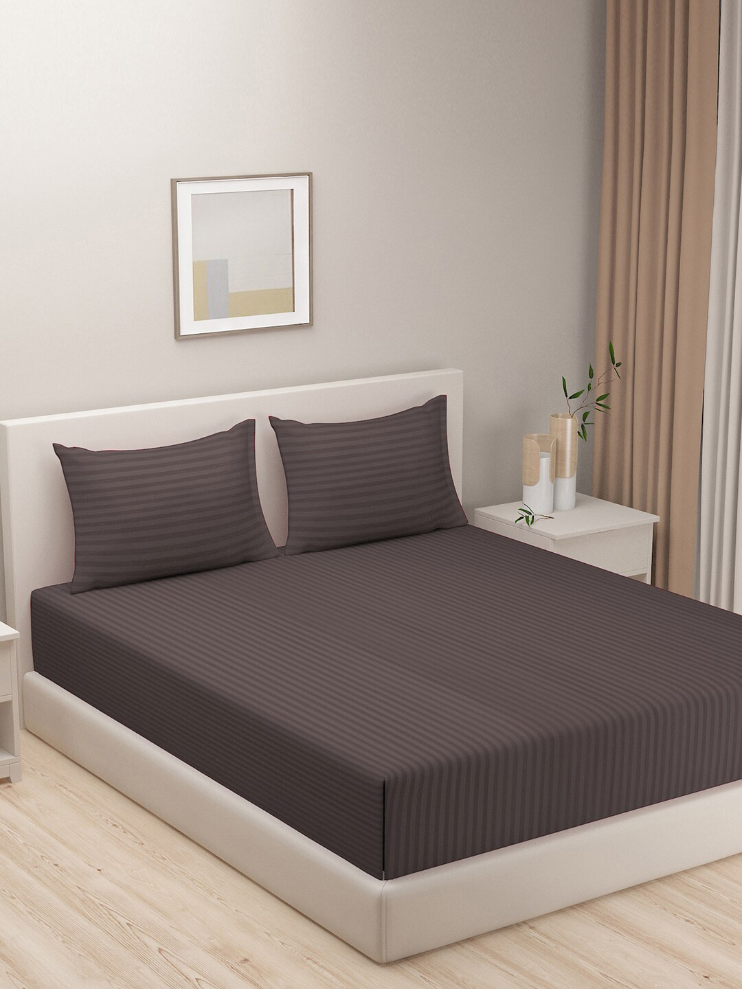 SWAYAM Essentials Brown Striped Polyester 210 TC Queen Fine Bedsheet with 2 Pillow Covers-100 x 90 inches