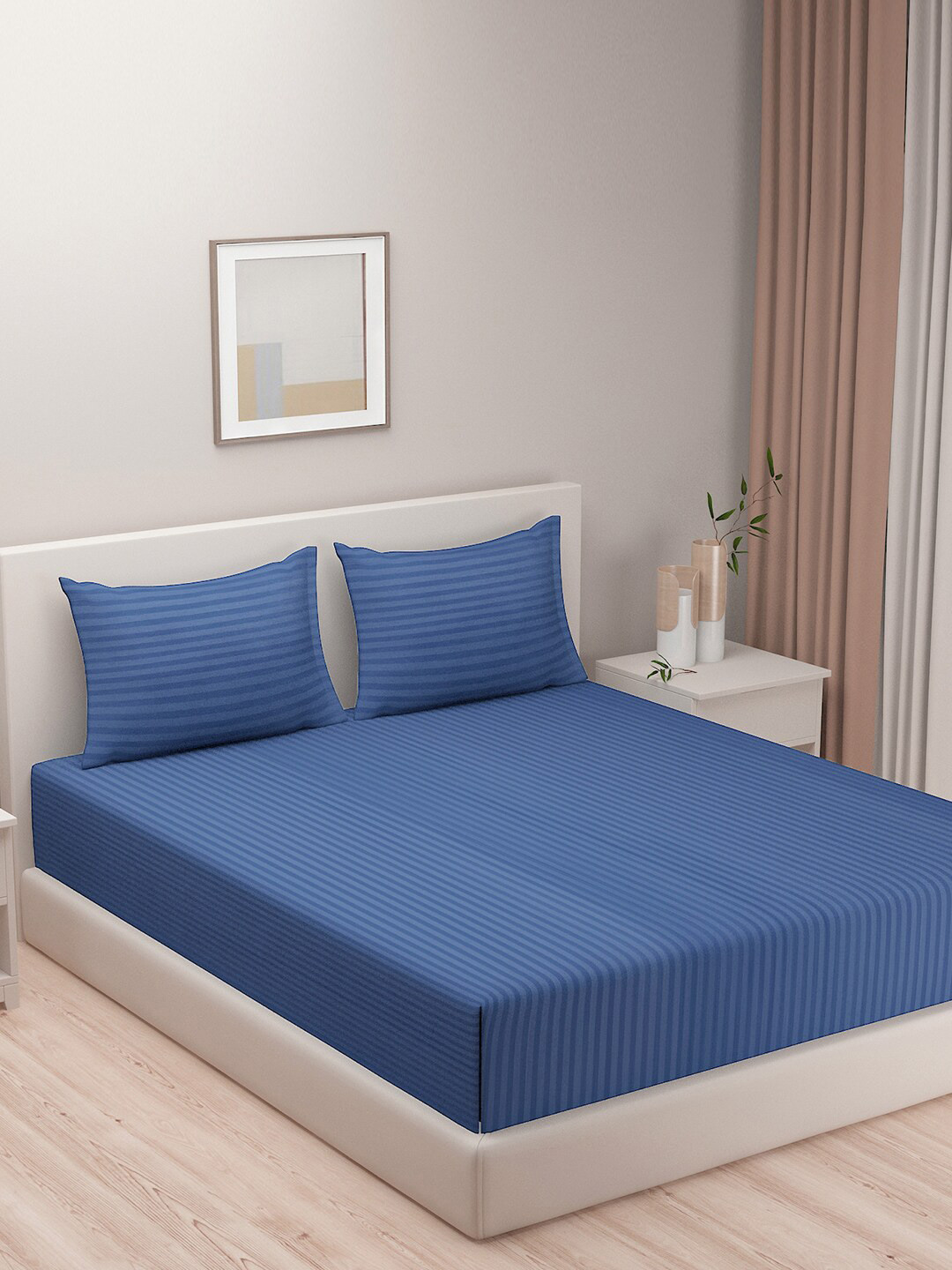 SWAYAM Essentials Navy Blue Striped Polyester 144 TC Queen Fine Bedsheet with 2 Pillow Covers-254 x 227 cm