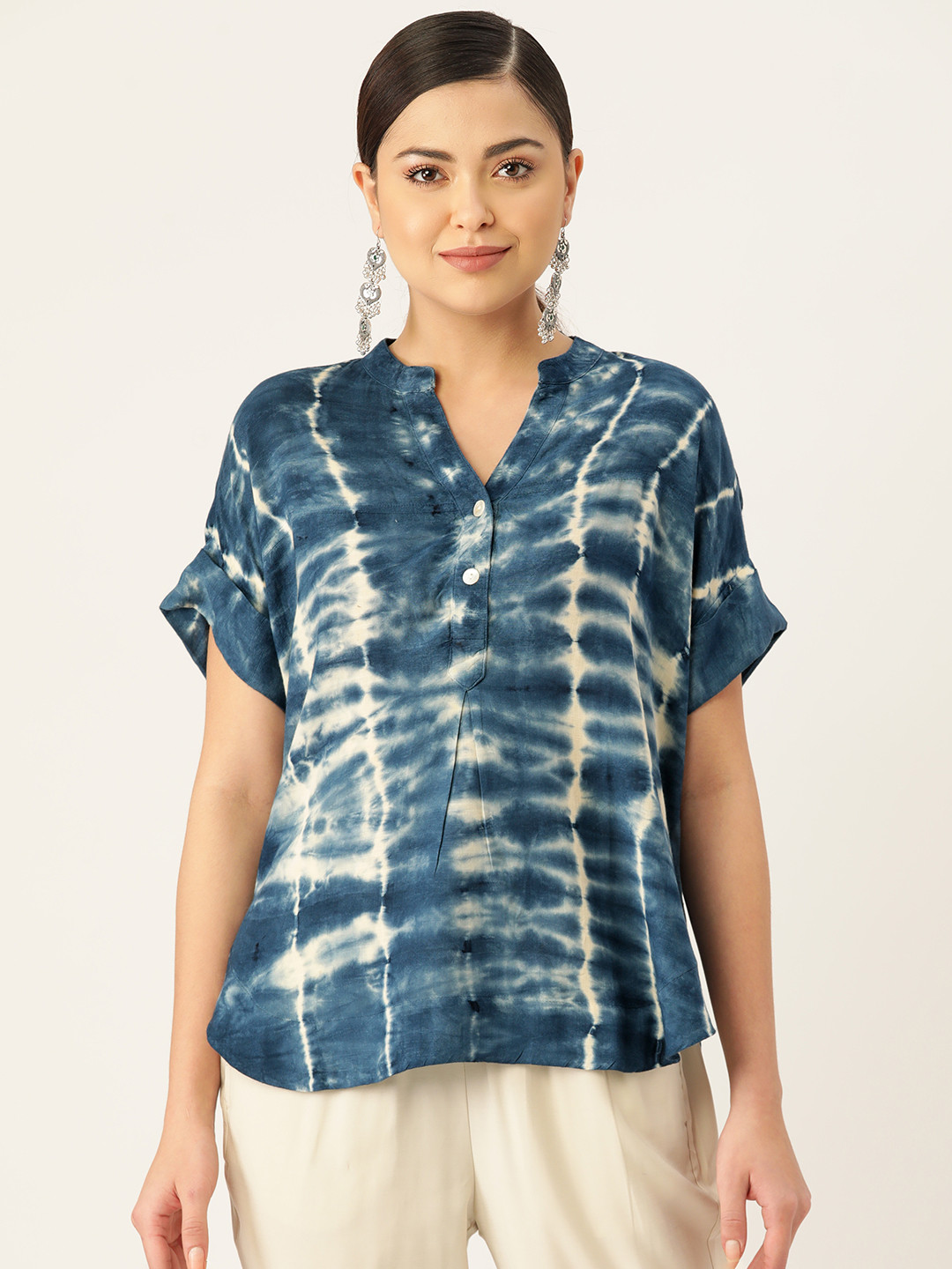 Maaesa Tie & Dye Roll-Up Sleeves Top