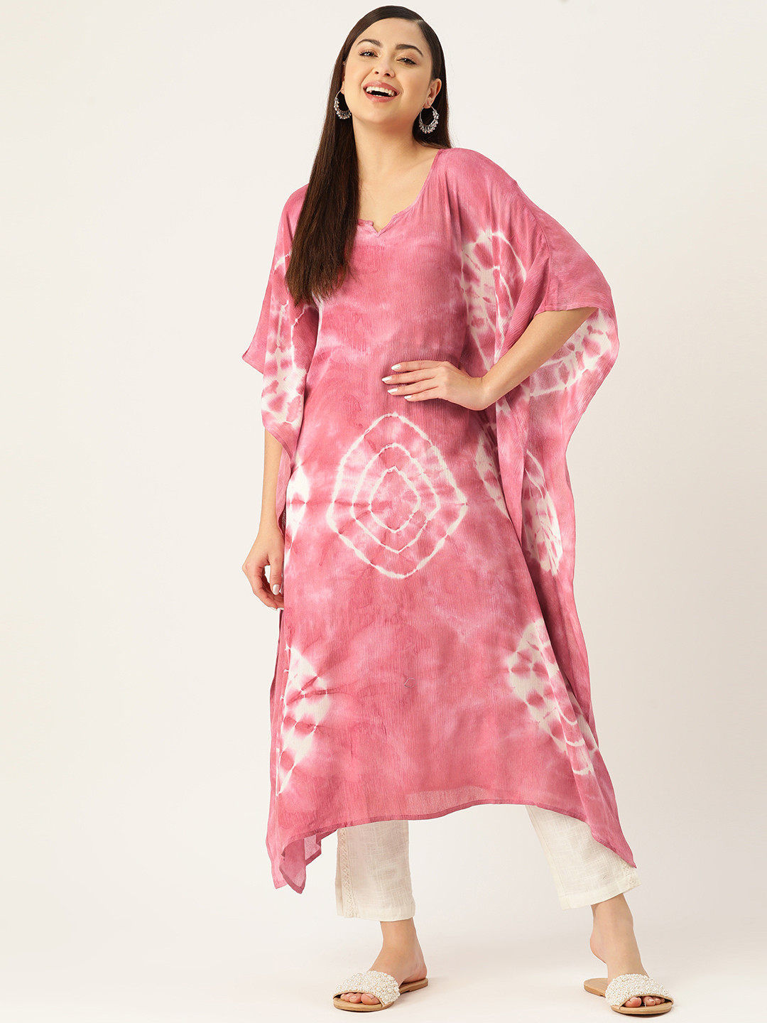 Maaesa Geometric Dyed Flared Sleeves Crepe Kaftan Kurta