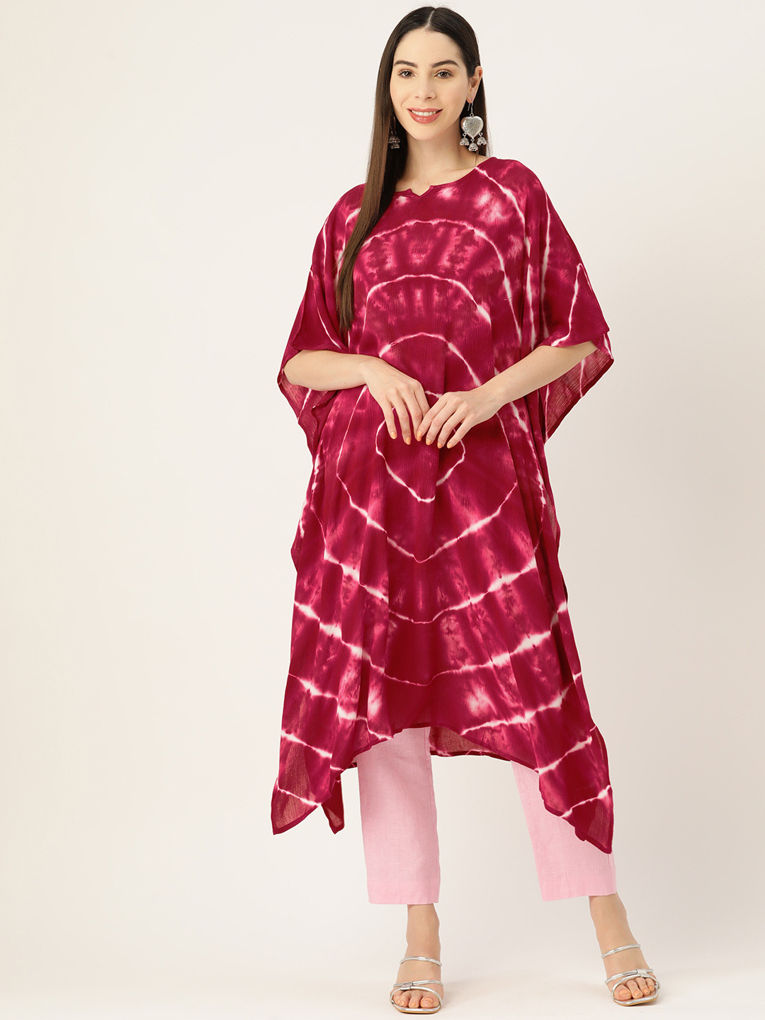 Maaesa Pink Bandhani Dyed Flared Sleeves Crepe Kaftan Rayon Kurta