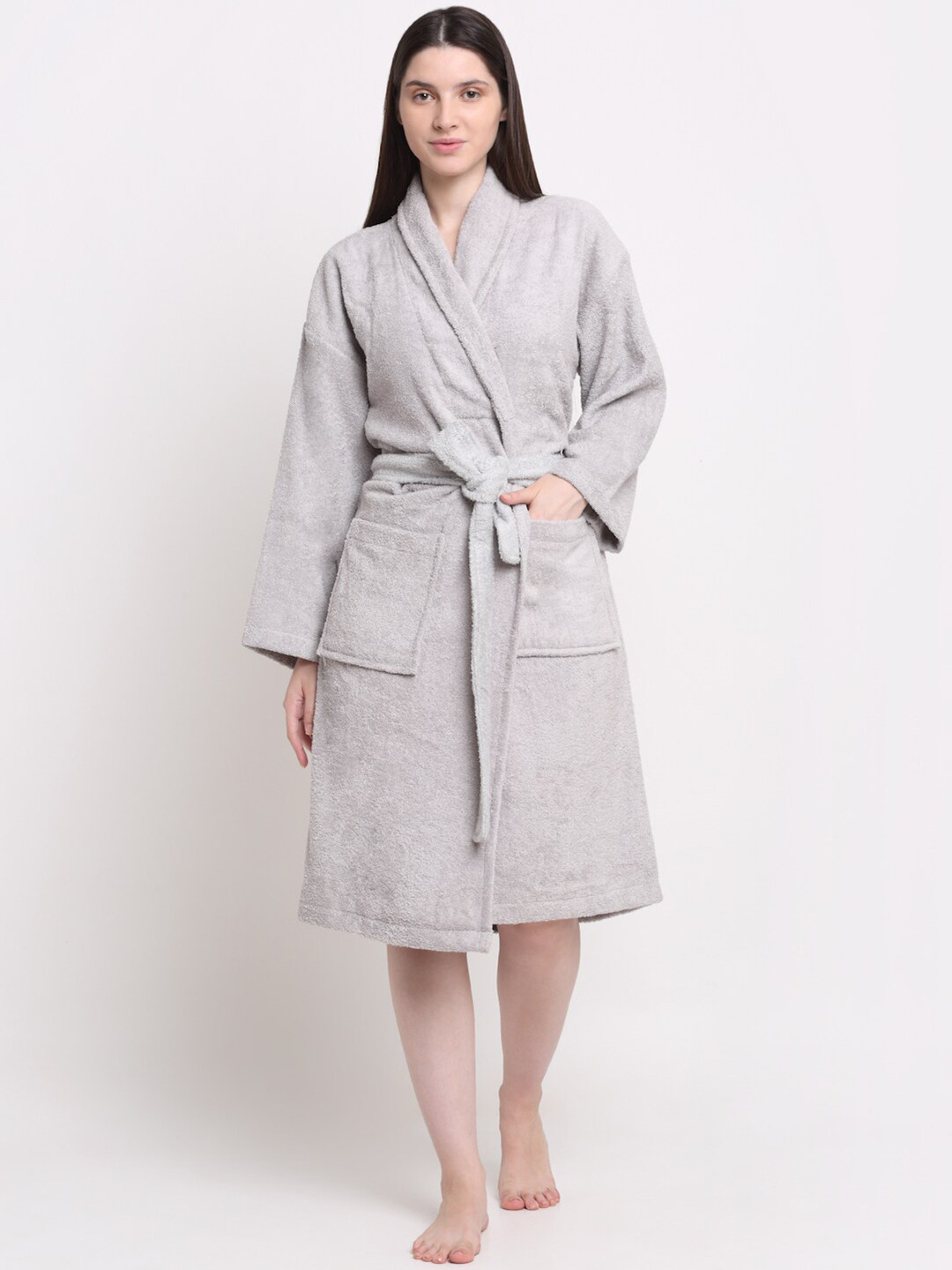 Creeva Velour, Luxury Grey Solid Cotton Drawstring Midi Bath Robe-S