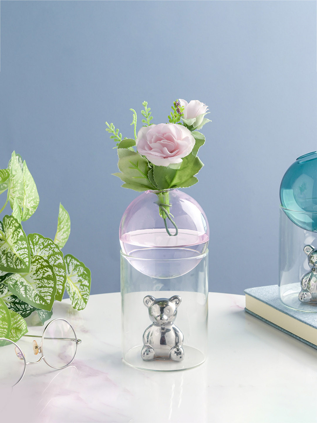 Nestasia Transparent & Pink Bear In the Jar Glass Planter