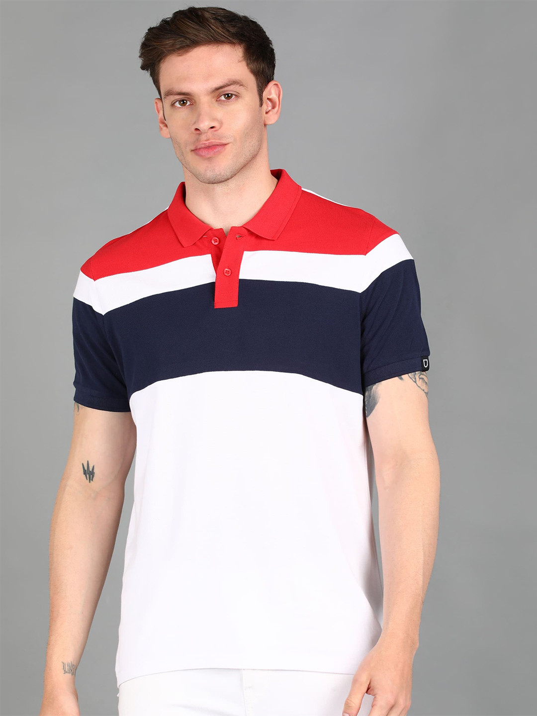 Urbano Fashion Men White Colourblocked Polo Collar Applique Slim Fit T-shirt