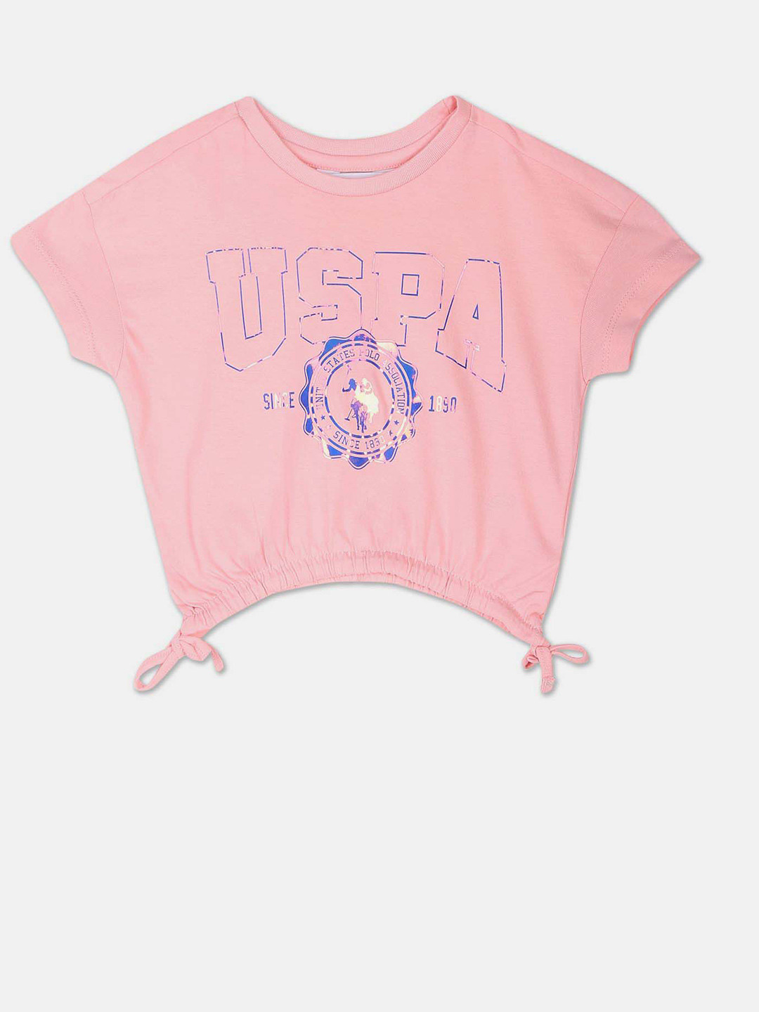 U.S. Polo Assn. Kids Girls Typography Printed Cap Sleeves Pure Cotton T-shirt