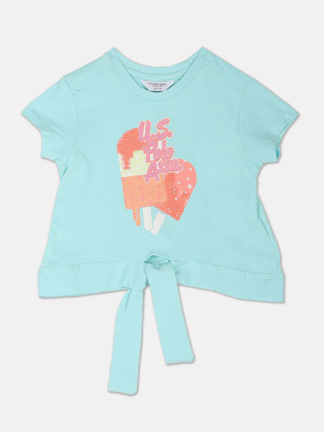 U.S. Polo Assn. Kids Girls Round Neck Typography Printed Sequence Cotton T-shirt