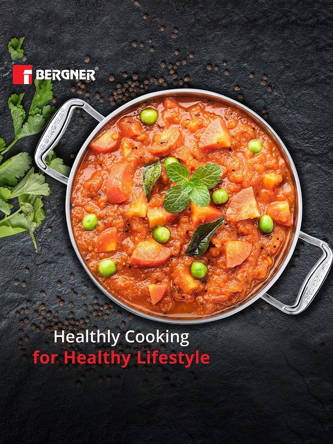 Bergner Argent TriPly Stainless Steel Induction Bottom 24 cm (3.8 L) Deep Kadai with Lid