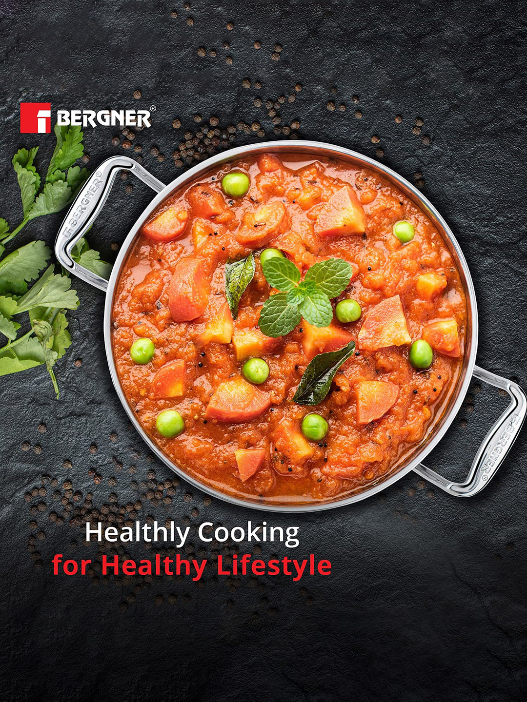 Bergner Argent TriPly Stainless Steel 20 cm (2.3 L) Induction Bottom Deep Kadai with Lid