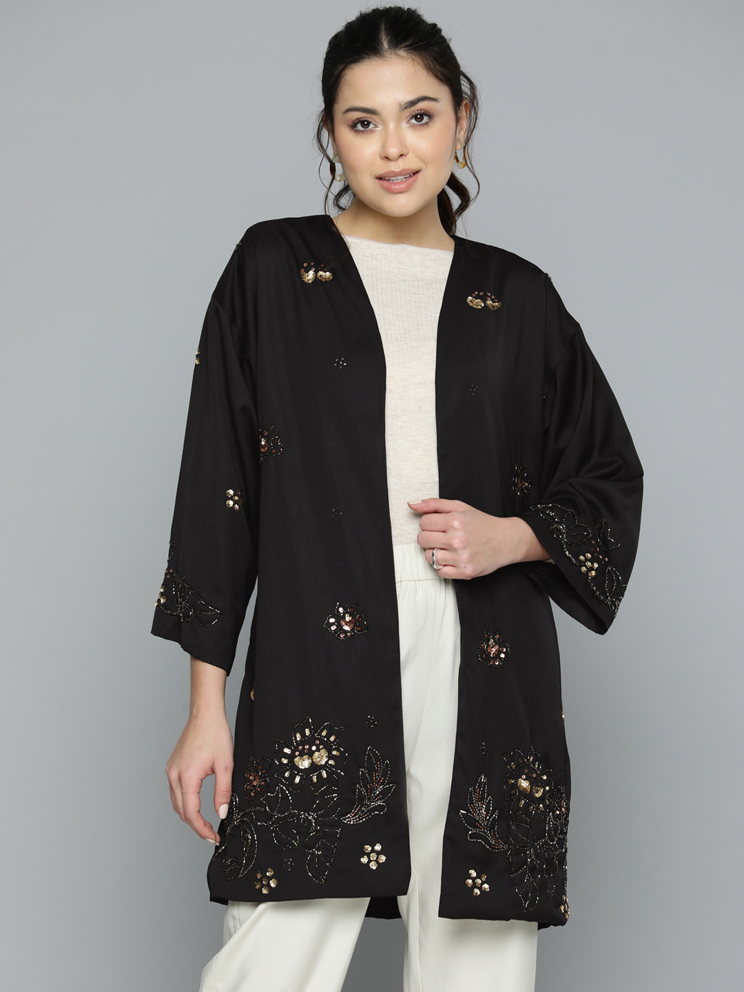 SCOUP Embellished Longline Monochrome Open Front Shrug