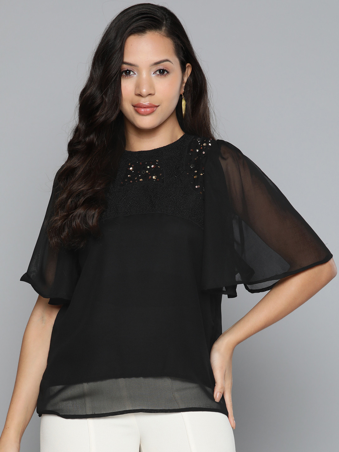 SCOUP Embellished Flared Sleeves Georgette Top