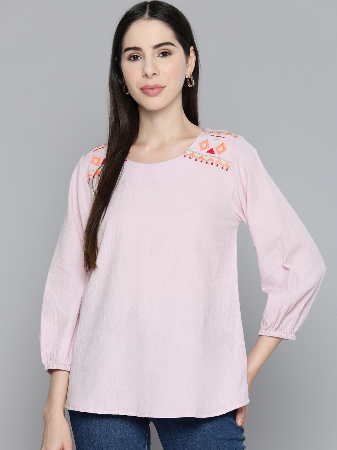 SCOUP Geometric Embroidered Puff Sleeves Longline Top