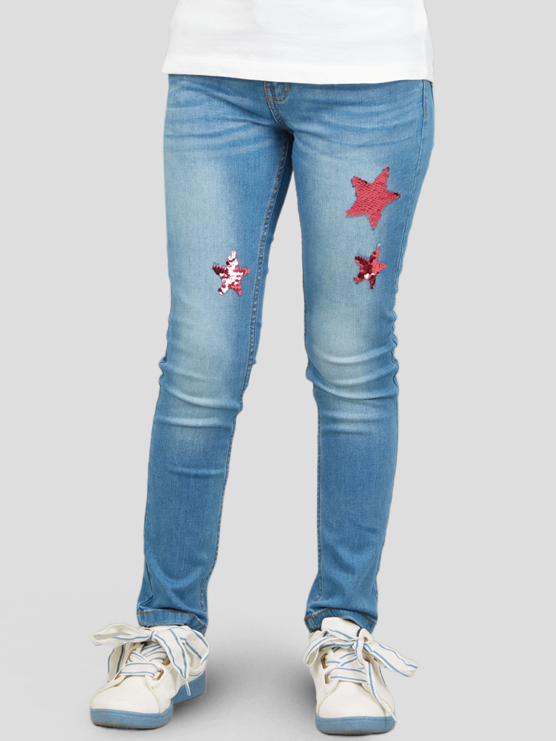 Zalio Girls Blue Skinny Fit Embellished Light Fade Pure Cotton Jeans