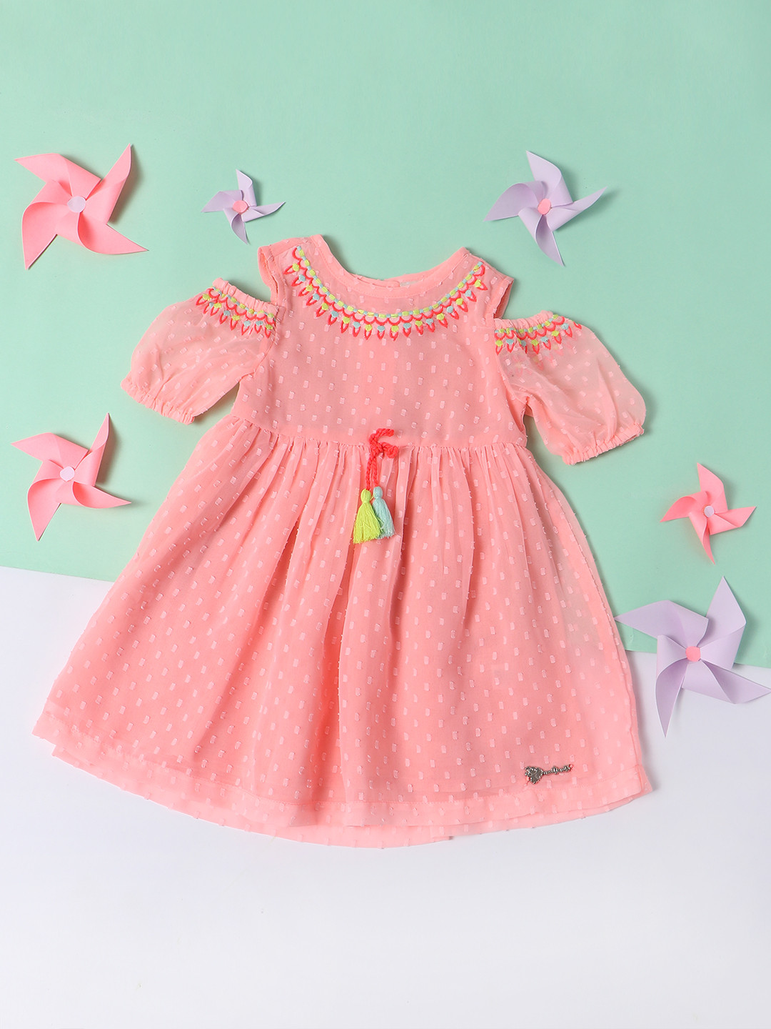 Nauti Nati Infants Girls Self Design Cold Shoulder Sleeves Dress