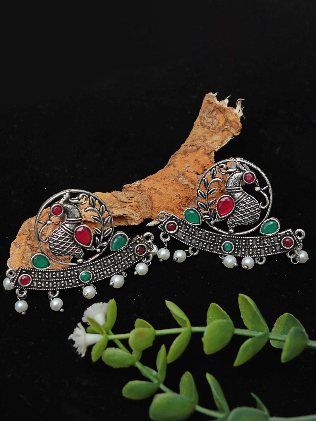 Ozanoo Brass-Plated Peacock Shaped Oxidised Stud Earrings