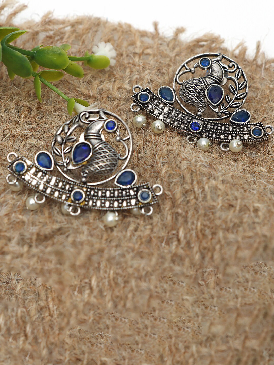 Ozanoo Silver-Plated Peacock Shaped Oxidised Studs Earrings