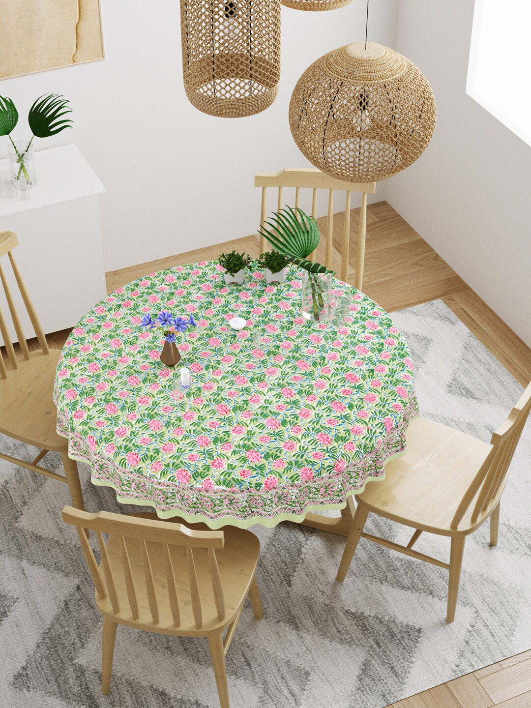BLOCKS OF INDIA Green & Pink Floral Printed Pure Cotton Round 4-Seater Table Cloth