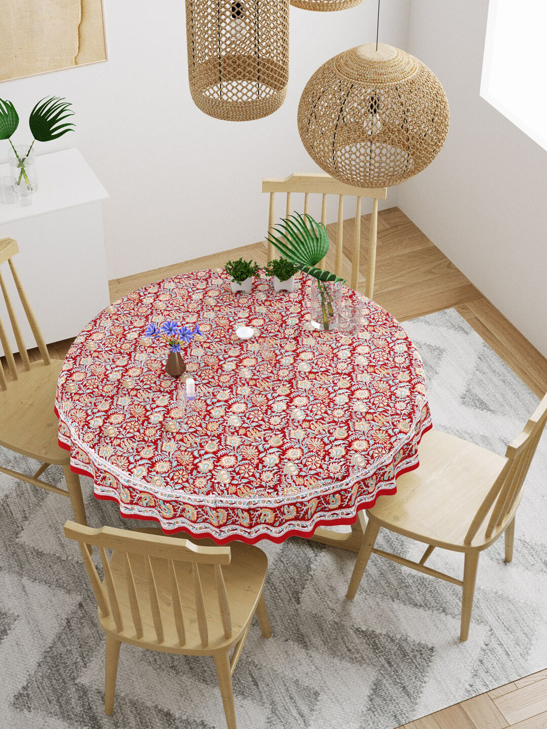 BLOCKS OF INDIA Red Floral Printed Pure Cotton Round 4-Seater Table Cloth