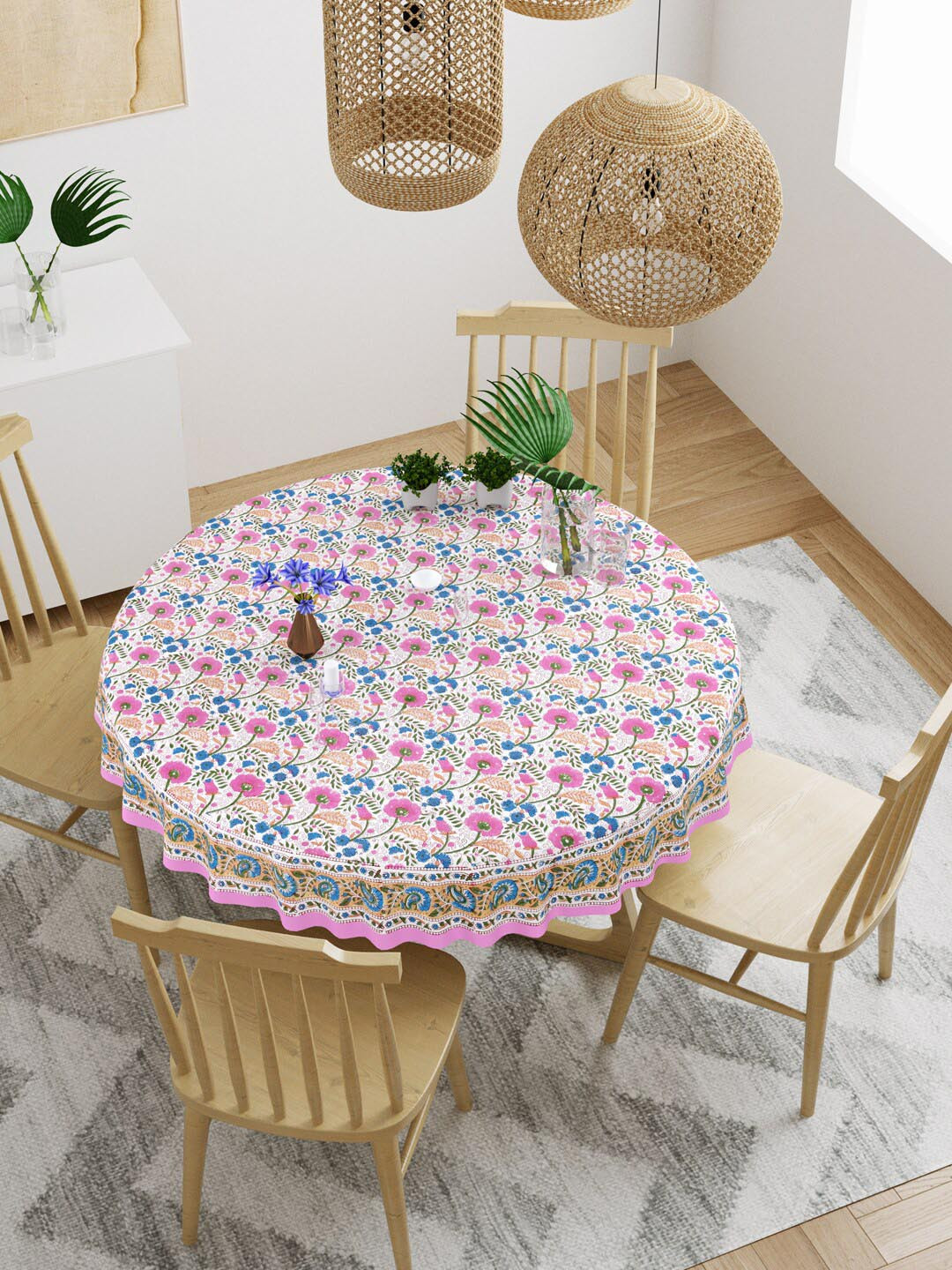 BLOCKS OF INDIA White & Pink Floral Printed Pure Cotton Round 4-Seater Table Cloth