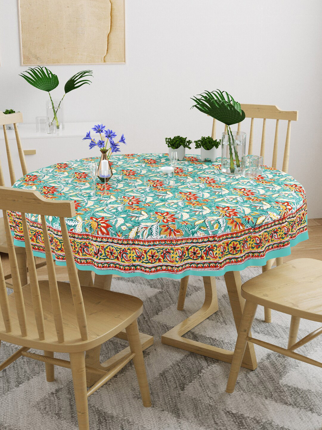 BLOCKS OF INDIA Green & Red Floral Printed Pure Cotton Round 4-Seater Table Cloth