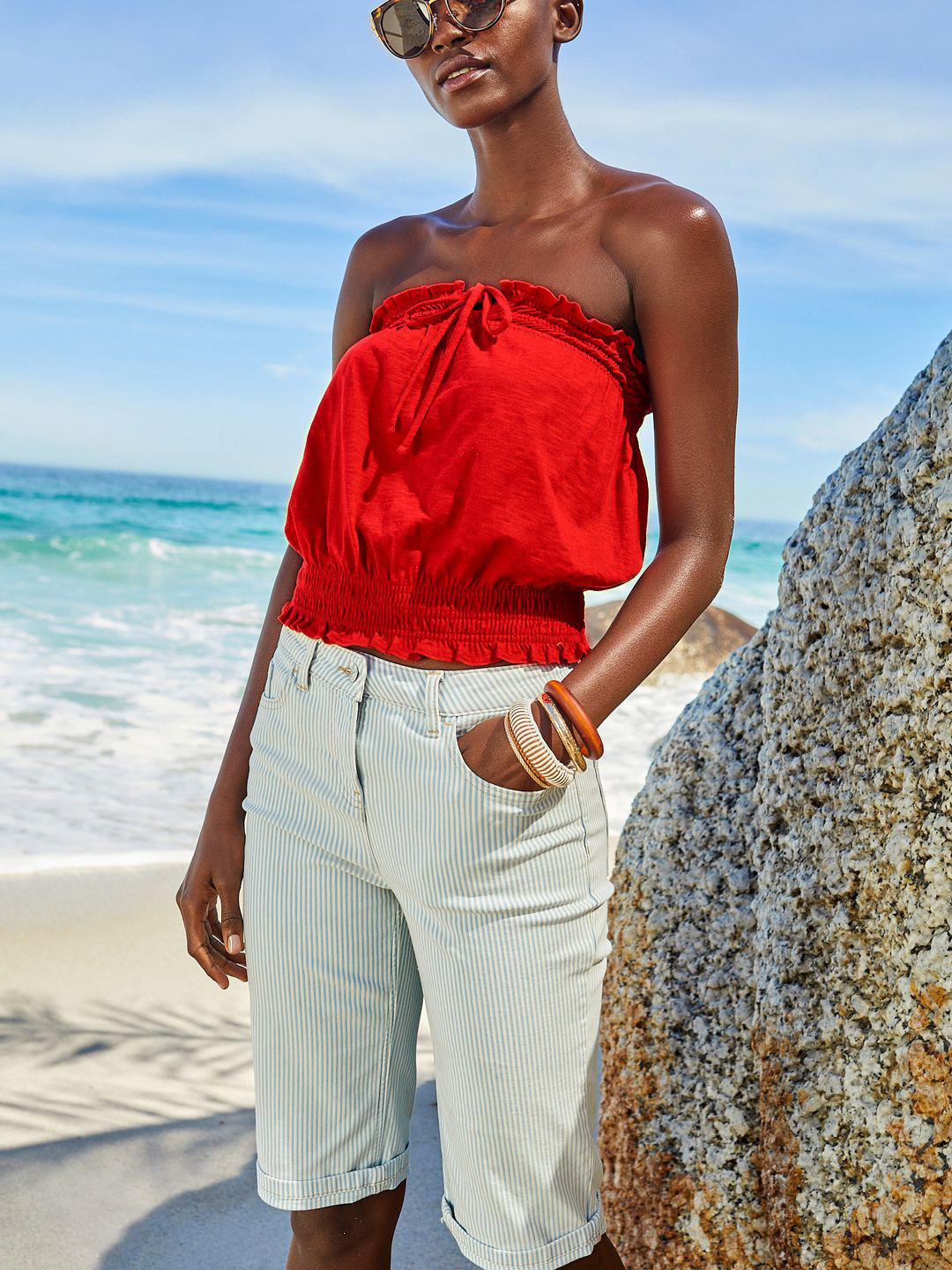 NEXT Women Striped High-Rise Denim Shorts