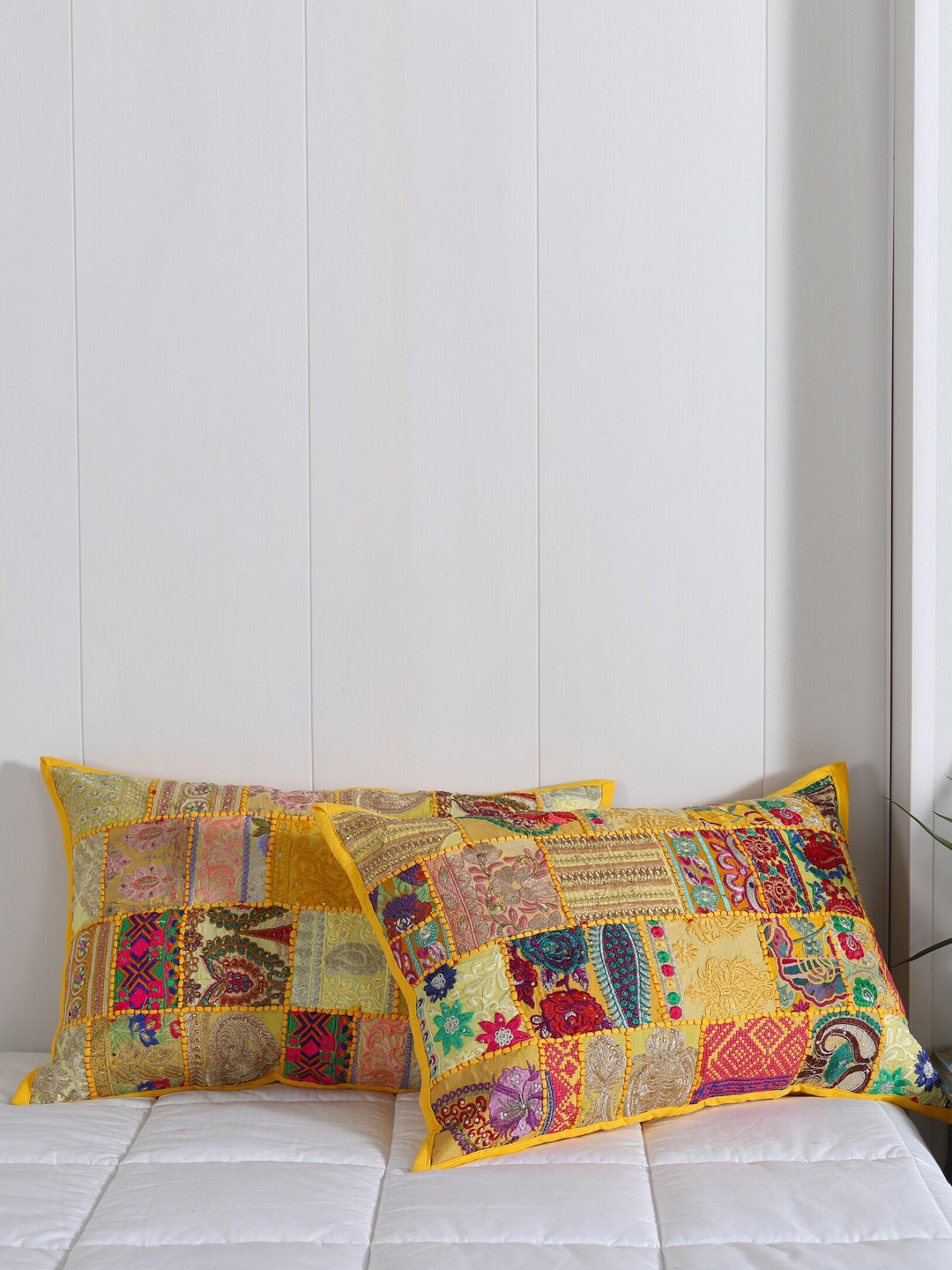 HANDICRAFT PALACE Yellow & Beige 2 Pieces Patchwork Embroidered Cotton Pillow Covers