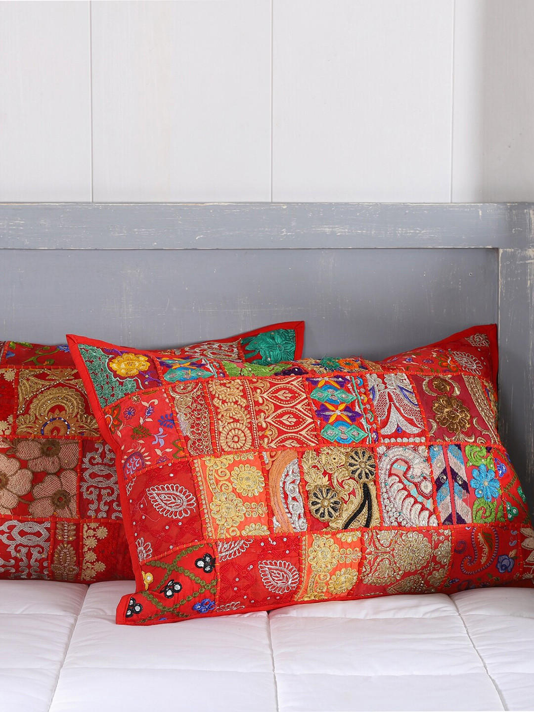 HANDICRAFT PALACE Red & Beige 2 Pieces Patchwork Embroidered Cotton Pillow Covers